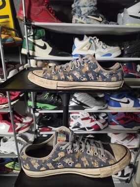🔥 Converse Black Canvas Low-Tops with Tan Rainbow Puppy Print Men Size 10.5